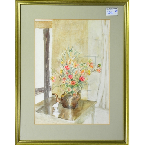 364 - Jo Pickering, Still Life with flowers in a copper measure, watercolour, signed, 34cm x 24cm, togethe... 