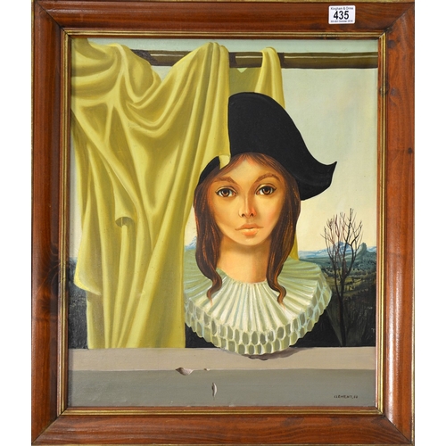 435 - Clement (20th century), surrealist portrait of a child at a window, oil on canvas, signed and dated ... 