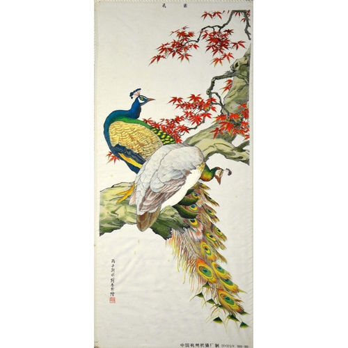 49 - A pair of Oriental prints on fabric, depicting peacocks and cranes, 59cm x 28cm (2)