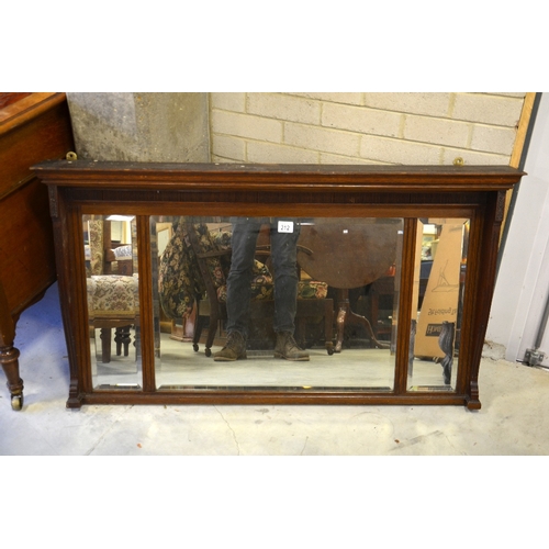 212 - A Victorian oak overmantle mirror, three bay with shaped bracket sides and canopy above reeded friez... 