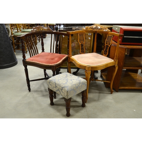 255 - Two Victorian corner armchairs, one with rosewood and satinwood inlay and stringing, both with X str... 