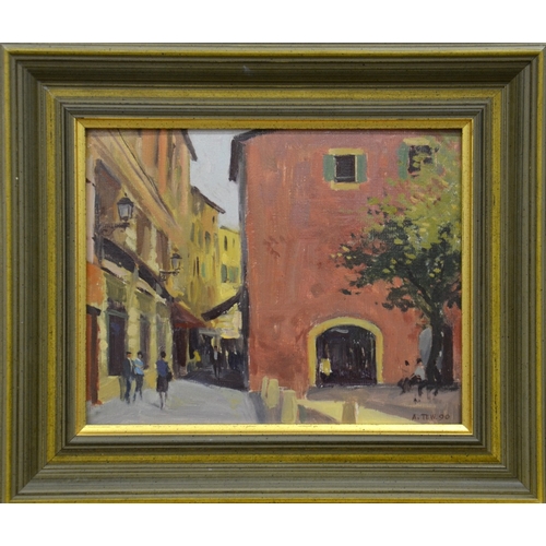 432 - A D Tew (Contemporary), Old Nice, oil on board, together with Nice Flower Market and another with Tr... 