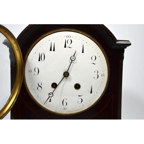 282 - An Edwardian mahogany bracket clock, the six inch white enamel dial with Arabic numerals, satinwood ... 