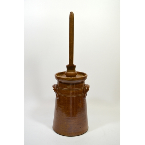 627 - A salt glazed stoneware butter churn, height including pole 60cm