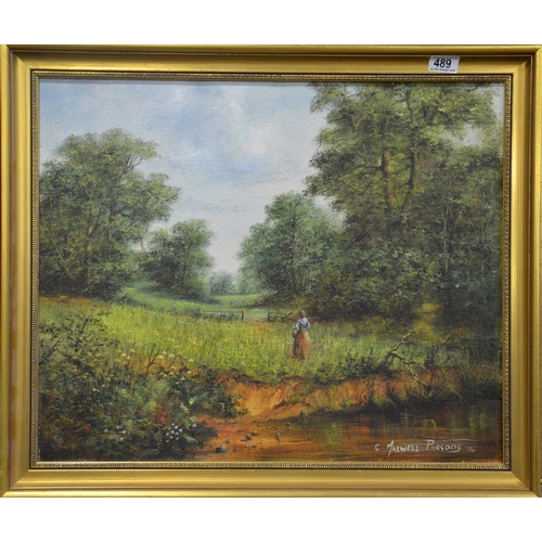 489 - Colin Maxwell Parsons (British, b.1936), Wandering the Field, oil on canvas, signed, 50cm x 61cm, fr... 