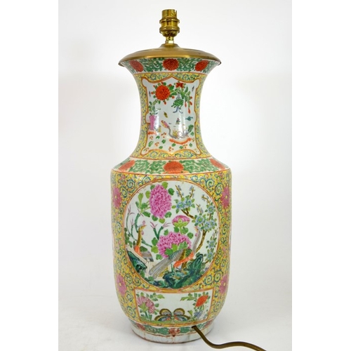 1 - A Chinese famille rose vase, converted to a lamp base, Qianlong style, 19th century, yellow foliate ... 