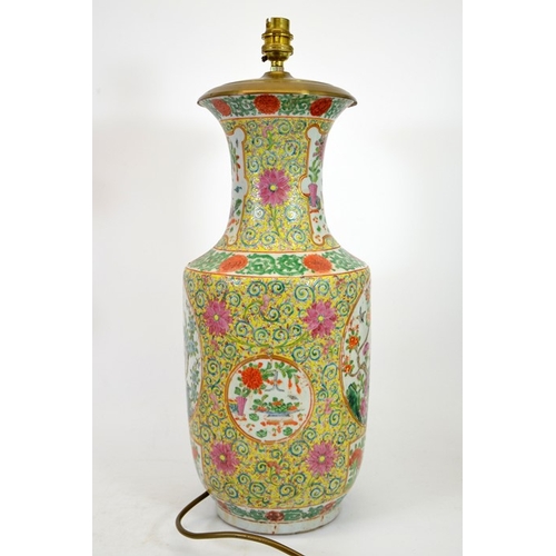 1 - A Chinese famille rose vase, converted to a lamp base, Qianlong style, 19th century, yellow foliate ... 