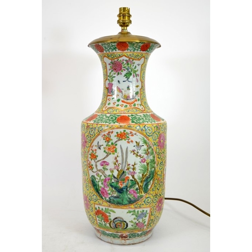 1 - A Chinese famille rose vase, converted to a lamp base, Qianlong style, 19th century, yellow foliate ... 