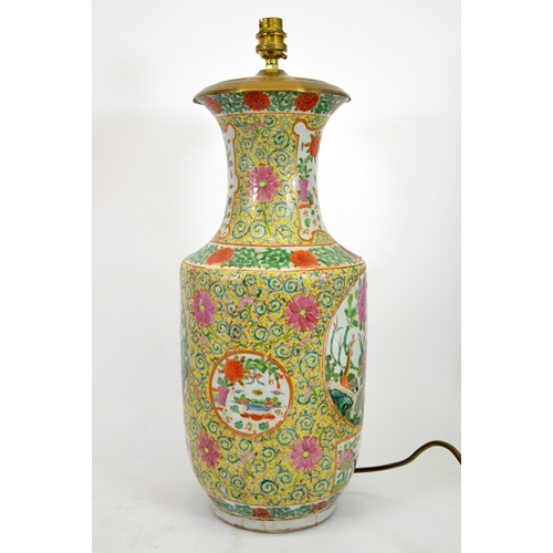 1 - A Chinese famille rose vase, converted to a lamp base, Qianlong style, 19th century, yellow foliate ... 