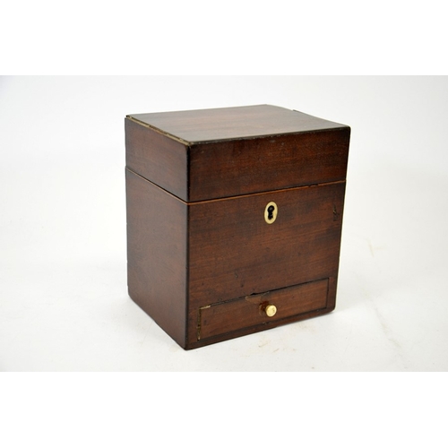 100 - A George III mahogany medicine caddy, ebony and satinwood banded with bone escution and handle to th... 