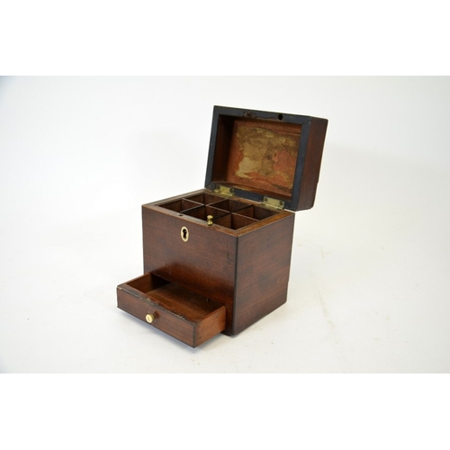 100 - A George III mahogany medicine caddy, ebony and satinwood banded with bone escution and handle to th... 