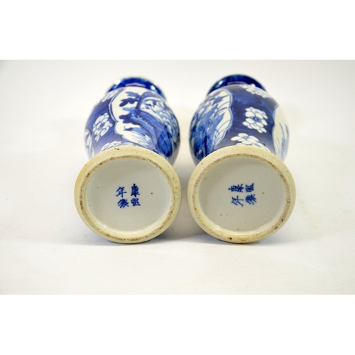 2 - A pair of Chinese blue and white vases, Kangxi mark, shouldered form, painted with panels of birds i... 