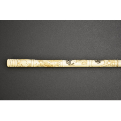 25 - A 19th century Japanese carved bone walking cane, in five sections, modelled in relief with various ... 