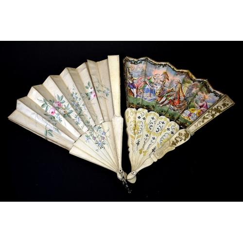 36 - A 19th century bone fan, printed leaf with hand coloured 18th century aristocratic courting scene to... 