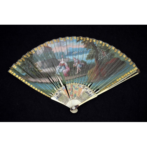 38 - λ A rare late 17th - early 18th century silk fan. The double silk leaf hand painted with an elegant ... 