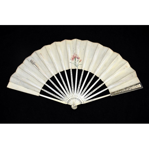 39 - λ A late 18th century Dutch ivory fan with carved, pierced and silvered guards and sticks with minut... 