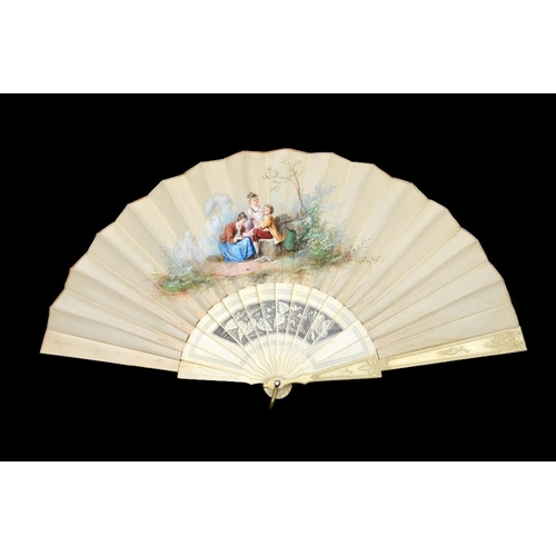 40 - λ A 19th century hand painted and signed silk and ivory fan, the guards carved with a simple foliate... 