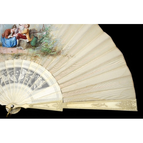 40 - λ A 19th century hand painted and signed silk and ivory fan, the guards carved with a simple foliate... 