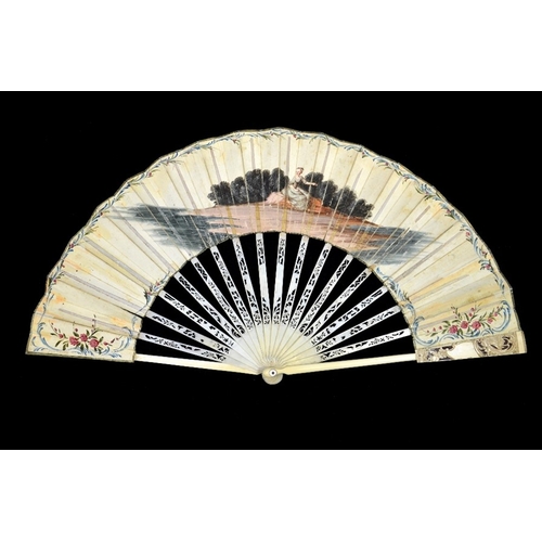 41 - λ A late 18th century fan, the ivory guards and sticks carved and pierced with baskets of flowers, t... 