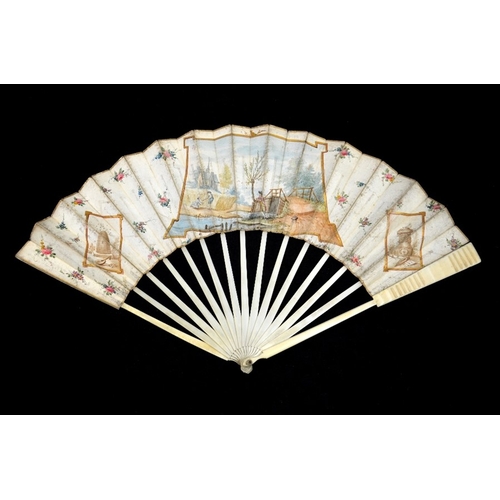 43 - λ A late 18th century Dutch ivory fan with carved guards and plain sticks, the leaf mounted à l’angl... 