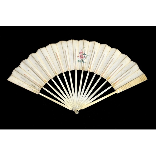 43 - λ A late 18th century Dutch ivory fan with carved guards and plain sticks, the leaf mounted à l’angl... 