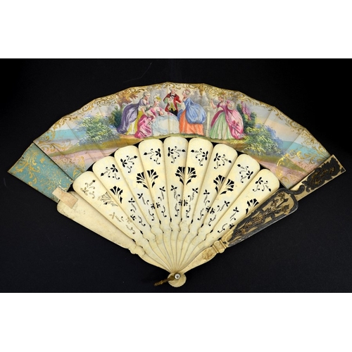 48 - A 19th century carved bone fan, transfer printed and coloured with allegorical scene of Venus at her... 