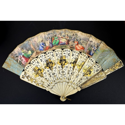 48 - A 19th century carved bone fan, transfer printed and coloured with allegorical scene of Venus at her... 