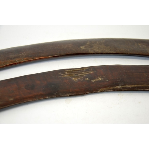 53 - Two 19th century Australian Aboriginal boomerangs, carved wood, each with three lines engraved to on... 