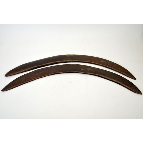 53 - Two 19th century Australian Aboriginal boomerangs, carved wood, each with three lines engraved to on... 