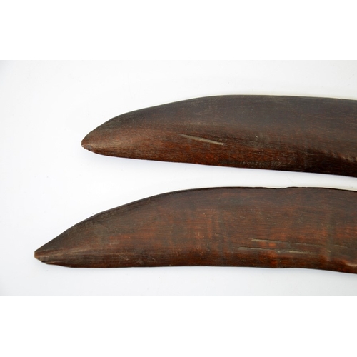 53 - Two 19th century Australian Aboriginal boomerangs, carved wood, each with three lines engraved to on... 