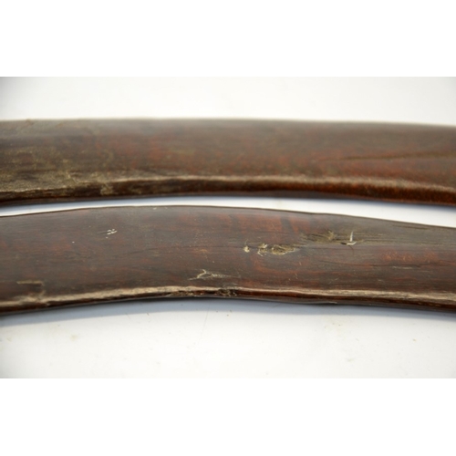 53 - Two 19th century Australian Aboriginal boomerangs, carved wood, each with three lines engraved to on... 