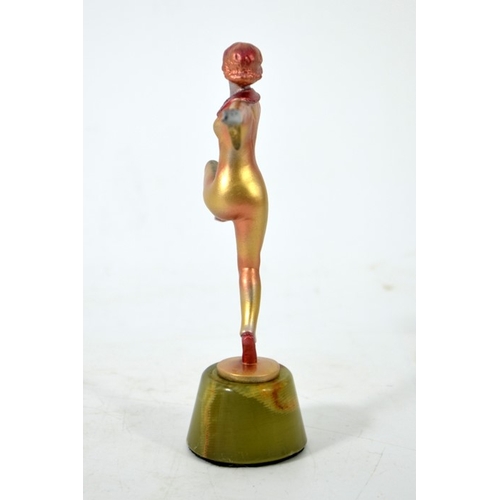 54 - Josef Lorenzl, an Art Deco painted bronze figure of a pyjama girl dancing, circa 1930, on green onyx... 