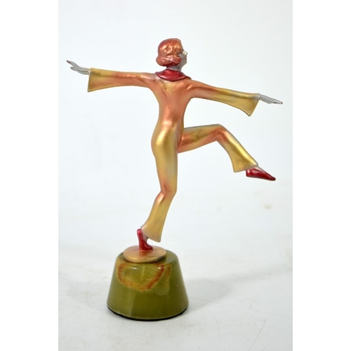 54 - Josef Lorenzl, an Art Deco painted bronze figure of a pyjama girl dancing, circa 1930, on green onyx... 