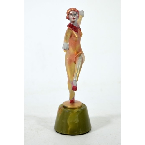 54 - Josef Lorenzl, an Art Deco painted bronze figure of a pyjama girl dancing, circa 1930, on green onyx... 