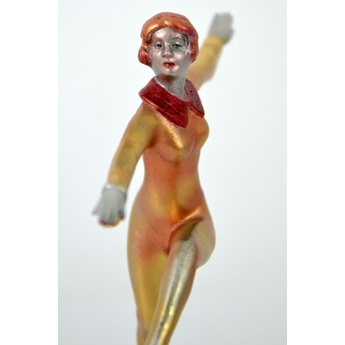 54 - Josef Lorenzl, an Art Deco painted bronze figure of a pyjama girl dancing, circa 1930, on green onyx... 