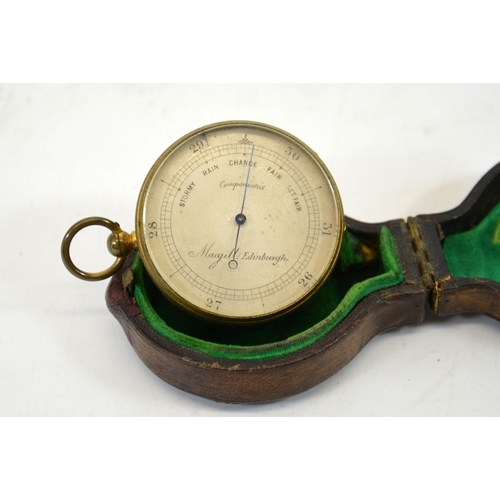 75 - A Victorian brass pocket barometer, in velvet lined leather case, Macgill, Edinburgh, 4.5cm diameter