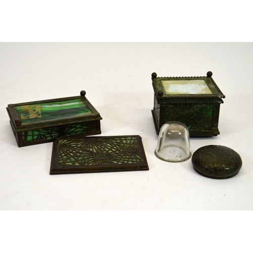 87 - Tiffany Studios, a bronze and glass box, number 800, together with an inkwell, the casket with Pine ... 