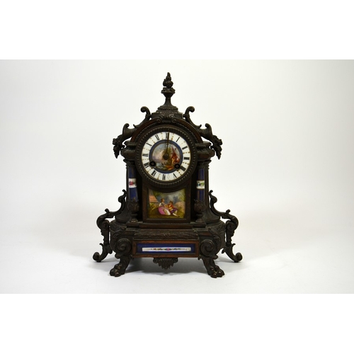 90 - A 19th century French Boulle clock, decorated with Dresden style plaques, 32cm high