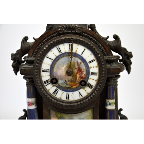 90 - A 19th century French Boulle clock, decorated with Dresden style plaques, 32cm high