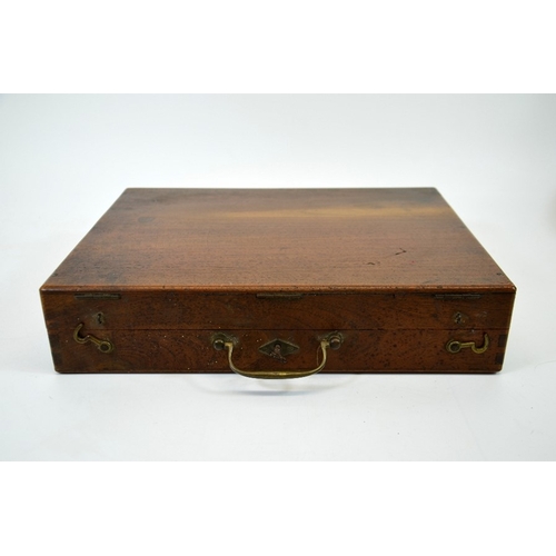 98 - A 19th century mahogany artists box, with contents and board, length 36cm, width 27cm, height 8cm