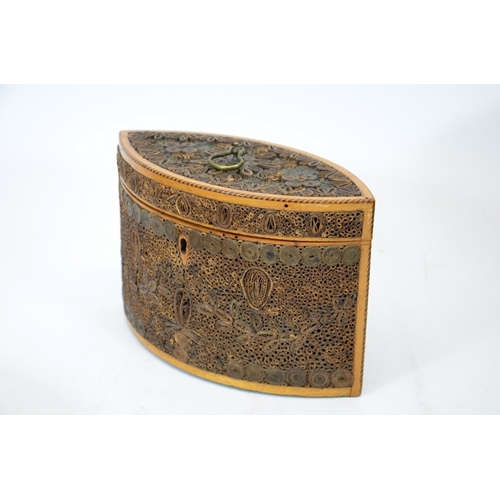 102 - A George III scrollwork tea caddy, lozenge form, circa 1780, satinwood with ebony and boxwood bandin... 