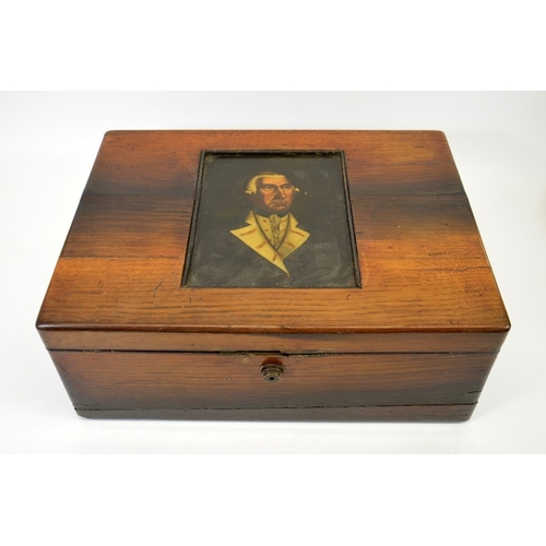 103 - A George III tea chest, the lid inset with an oil on board portrait of Admiral Kempenfelt, the inter... 