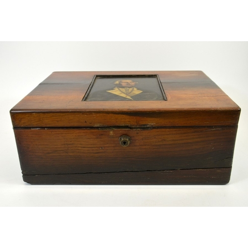 103 - A George III tea chest, the lid inset with an oil on board portrait of Admiral Kempenfelt, the inter... 