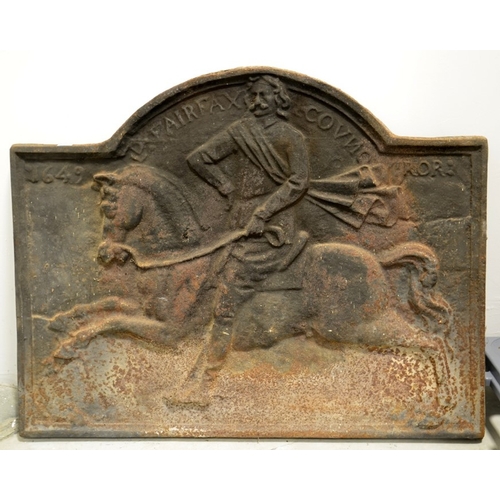 115a - A cast iron fire back, Fairfax 1649, modelled in relief with Thomas Fairfax on horseback, 69cm high