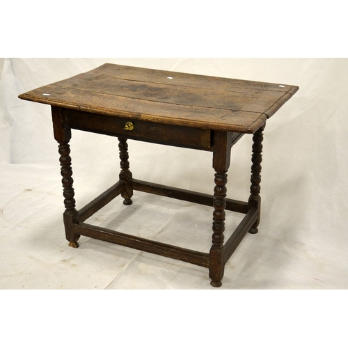 116 - A Charles II oak single drawer side table, joined construction, on cup and ball turned legs, 94cm wi... 