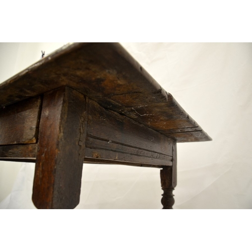 116 - A Charles II oak single drawer side table, joined construction, on cup and ball turned legs, 94cm wi... 