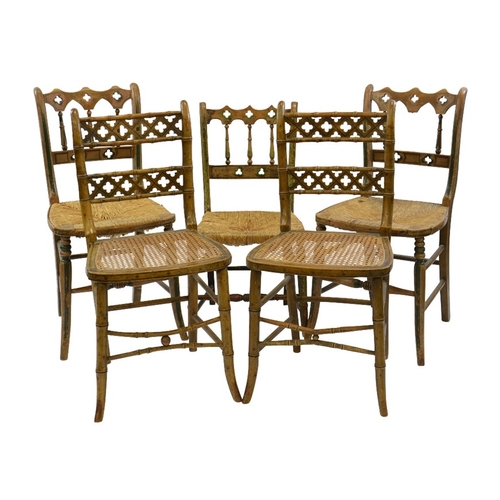 124 - Five Gothic Revival chairs, circa 1820 to 1840, rush and cane seats with lattice and pierced backs, ... 