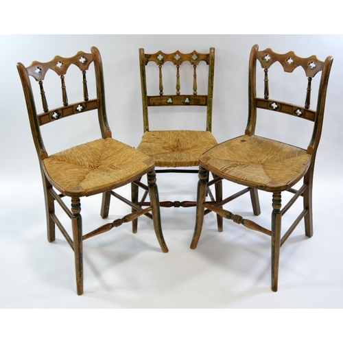 124 - Five Gothic Revival chairs, circa 1820 to 1840, rush and cane seats with lattice and pierced backs, ... 