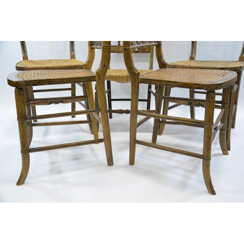 124 - Five Gothic Revival chairs, circa 1820 to 1840, rush and cane seats with lattice and pierced backs, ... 