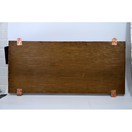 154 - An Arts and Crafts oak mirror wall mounted coat rack, two repoussé copper panels depicting Viking lo... 